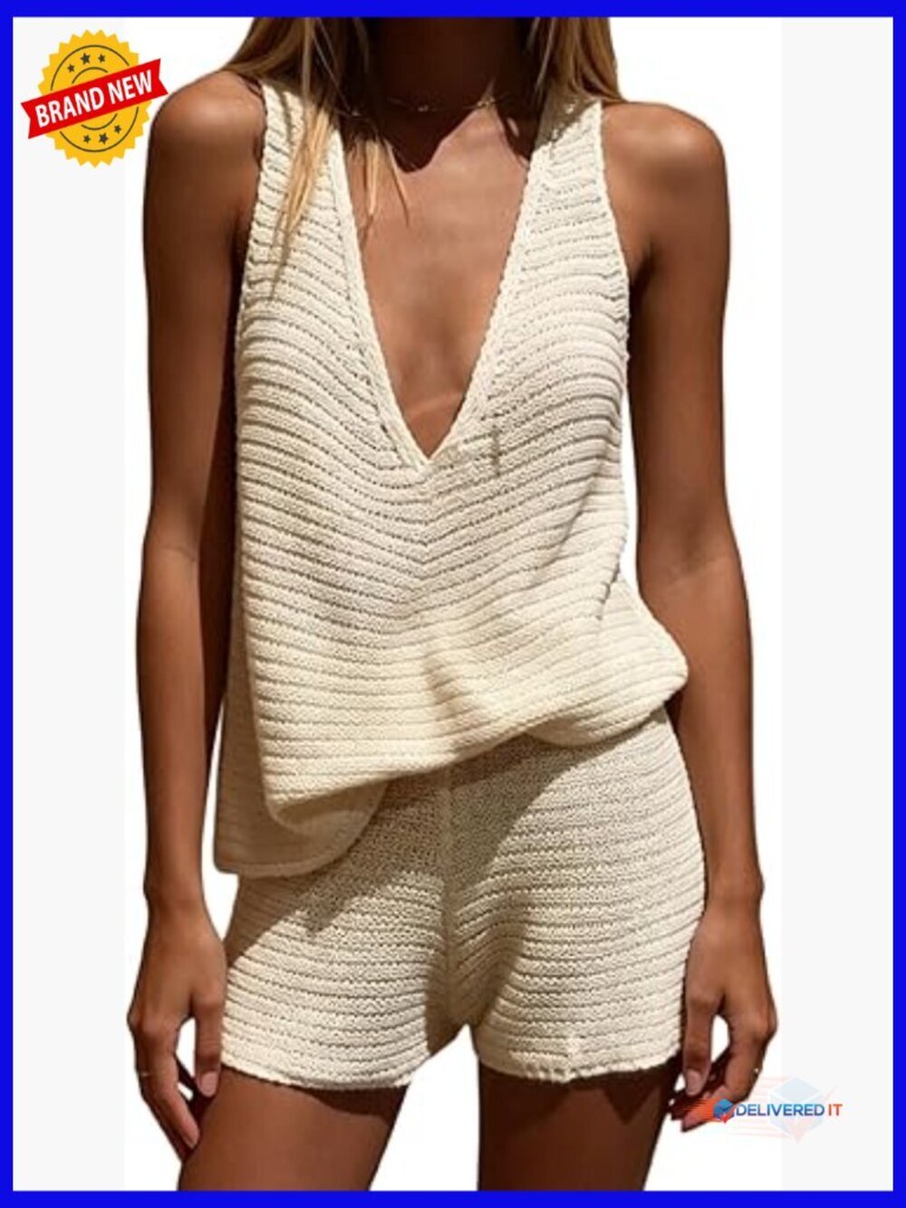 Deep V Neck Knit Tank Top & Shorts Set Summer Vacation 2 Piece